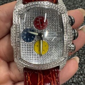 Techno Diesel Mens Silver Crystal Watch with Red Leather Strap